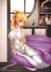 Rule 34 | 1girl, blonde hair, book, bookshelf, china dress, chinese clothes, dress, elbow gloves, gloves, highres, ink, ink bottle, inkwell, lamia, long hair, midnight (banyex), monster girl, monsterification, pelvic curtain, phonograph, ponytail, purple eyes, quill, record, red ribbon, ribbon, scroll, side slit, solo, touhou, white dress, yakumo yukari