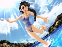 Rule 34 | 1girl, beach, black eyes, black hair, braid, breasts, casual one-piece swimsuit, cloud, covered erect nipples, day, dutch angle, game cg, hohoemi wo mou ichido, jpeg artifacts, lens flare, light rays, lighthouse, medium breasts, mizushiro takuya, navel, nipples, ocean, okime ayumi, one-piece swimsuit, one eye closed, outdoors, pussy, see-through, shirt, single braid, sky, smile, solo, sunbeam, sunlight, swimsuit, water, wet, wet clothes, wet shirt, wink