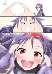 Rule 34 | 1girl, :d, absurdres, ahoge, armor, blush, commentary request, fingerless gloves, gloves, hairband, highres, long hair, looking at viewer, maximum7010, notice lines, open mouth, pointy ears, purple gloves, purple hair, red eyes, red hairband, smile, snoot challenge, solo focus, sword art online, teeth, tongue, upper teeth only, yuuki (sao)