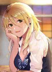 Rule 34 | 1girl, blonde hair, blush, bow, bowtie, breasts, brown eyes, brown hair, cleavage, collared shirt, dark-skinned female, dark skin, earrings, gradient hair, gyaru, hand on own chin, highres, idolmaster, idolmaster shiny colors, indoors, izumi mei, jewelry, large breasts, long eyelashes, long hair, looking at viewer, loose bowtie, multicolored hair, open mouth, shirt, sitting, sleeves rolled up, smile, solo, sweater vest, tan, window, yam (yamap mako)