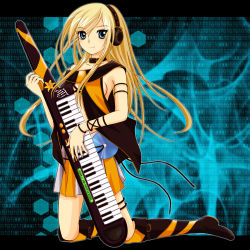 Rule 34 | 1girl, asymmetrical clothes, blonde hair, blue eyes, blue nails, boots, breasts, cd, collar, collarbone, headphones, highres, instrument, kazzha, keytar, knee boots, kneeling, lily (vocaloid), nail polish, sideboob, skirt, small breasts, solo, thigh boots, thighhighs, vocaloid