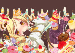 Rule 34 | 10s, 1girl, beret, blonde hair, blush, breasts, cake, cake slice, candy, chocolate, chocolate doughnut, corset, cupcake, detached sleeves, doughnut, drill hair, fingerless gloves, food, fruit, gloves, hat, heart, igaiga, jelly bean, lying, macaron, mahou shoujo madoka magica, mahou shoujo madoka magica (anime), medium breasts, miniskirt, purple thighhighs, skirt, solo, sprinkles, strawberry, strawberry shortcake, striped clothes, striped thighhighs, tears, thighhighs, tomoe mami, twin drills, twintails, vertical-striped clothes, vertical-striped thighhighs, yellow eyes, yellow skirt