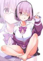 Rule 34 | 10s, 1girl, ;q, bare legs, barefoot, black skirt, blush, bow, breasts, closed mouth, collarbone, commentary request, dress shirt, feet, glasses, gridman universe, hair between eyes, hand up, head tilt, highres, index finger raised, jacket, konnyaku (kk-monmon), large breasts, legs, long sleeves, looking at viewer, miniskirt, one eye closed, pink-framed eyewear, pink hair, pleated skirt, purple bow, purple jacket, red eyes, shinjou akane, shirt, short hair, sitting, skirt, sleeves past wrists, smile, solo, ssss.gridman, tongue, tongue out, white background, white shirt