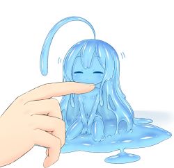 Rule 34 | 1girl, 1other, ahoge, between legs, blue hair, blue skin, closed eyes, closed mouth, colored skin, completely nude, curss, dot mouth, flat chest, hand between legs, headpat, highres, huge ahoge, long hair, mini person, minigirl, monster girl, motion lines, navel, no nipples, nude, original, sitting, slime girl, very long hair, wide face