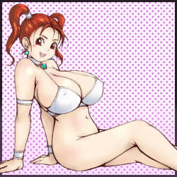 Rule 34 | 1girl, alternate costume, bare shoulders, bottomless, bra, breasts, cleavage, dancer&#039;s costume (dq), dragon quest, dragon quest viii, earrings, covered erect nipples, female focus, huge breasts, inomaru, jessica albert, jewelry, legs, lingerie, lowres, necklace, open mouth, plump, red eyes, red hair, sitting, solo, square enix, twintails, underwear, white bra, wrist cuffs