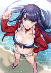 Rule 34 | 1girl, 2018, arm up, beach, bikini, black bikini, blue eyes, breasts, choker, cleavage, clenched hand, collarbone, cross, cross necklace, dated, day, fate/grand order, fate (series), floating hair, from above, groin, hand on own hip, jacket, jewelry, large breasts, lens flare, long hair, looking at viewer, martha (fate), martha (swimsuit ruler) (fate), martha (swimsuit ruler) (second ascension) (fate), navel, necklace, nina (pastime), open clothes, open jacket, outdoors, purple hair, red jacket, smile, solo, standing, swimsuit, twitter username, very long hair