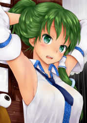 Rule 34 | 1girl, \o/, adjusting hair, armpits, arms up, between breasts, blue necktie, blush, breasts, bunching hair, chikado, colored eyelashes, detached sleeves, female focus, green eyes, green hair, hair ornament, hair tubes, hands in hair, kochiya sanae, long hair, matching hair/eyes, necktie, no bra, open mouth, outstretched arms, ponytail, pyonta, rain, ringed eyes, see-through, see-through silhouette, shirt, sideboob, sleeveless, sleeveless shirt, solo, teeth, touhou, tying hair, upper teeth only