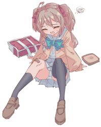 Rule 34 | 1girl, absurdres, ahoge, arm support, badge, bag, bandaid, bandaid on knee, bandaid on leg, black socks, black thighhighs, blush, bow, bowtie, bread slice, brown footwear, button badge, cardigan, chinese commentary, closed eyes, commentary, english commentary, food, green bow, green bowtie, grey sailor collar, grey skirt, hair bow, highres, indie virtual youtuber, kneehighs, knees up, light brown hair, live2d inc., loafers, momose hiyori, neuro-sama, open mouth, osu!, panties, pantyshot, pleated skirt, red bag, red bow, rune (dualhart), sailor collar, school uniform, serafuku, shoes, single kneehigh, single sock, single thighhigh, sitting, skirt, socks, solo, sweatdrop, thighhighs, toast, transparent background, two side up, underwear, virtual youtuber, wavy mouth, white panties, white serafuku, yellow cardigan