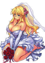 Rule 34 | 1girl, absurdres, bare shoulders, blonde hair, blue eyes, blush, bouquet, breasts, bridal veil, bride, cleavage, dress, earrings, elbow gloves, flower, freezing (series), full body, glasses, gloves, hair flower, hair ornament, high heels, highres, huge breasts, jewelry, kim kwang hyun, kneeling, legs, light smile, long hair, necklace, official art, rose, satellizer el bridget, scan, shoes, simple background, sitting, solo, sparkle, strapless, strapless dress, thighs, veil, wariza, wedding dress, white background