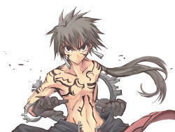 Rule 34 | 1boy, black eyes, black hair, bracelet, brown hair, clenched hand, earrings, full-body tattoo, gloves, jewelry, long hair, male focus, ponytail, satomi (black scarecrow), serious, topless male, solo, tattoo, white background