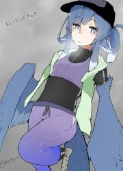 Rule 34 | 1girl, animal ears, baseball cap, bird ears, bird legs, bird tail, black bodysuit, black hat, blue feathers, blue hair, blue wings, bodysuit, bodysuit under clothes, commentary request, feathered wings, feathers, green jacket, grey background, grey eyes, harpy, hat, highres, jacket, long hair, miura (rnd.jpg), monster girl, open mouth, original, pants, purple pants, purple sports bra, rnd.jpg (artist), sleeveless, sleeveless jacket, solo, sports bra, tail, track pants, translation request, twitter username, winged arms, wings, zipper