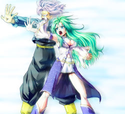 Rule 34 | 1boy, 1girl, back-to-back, blue eyes, breasts, cleavage cutout, clothing cutout, crossover, detached sleeves, dragon ball, dragonball z, green hair, holding hands, hetero, highres, interlocked fingers, kamishima kanon, kochiya sanae, large breasts, light purple hair, long hair, midriff, open mouth, skirt, touhou, trunks (dragon ball), trunks (future) (dragon ball)