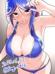 Rule 34 | 1girl, bikini, blue hair, breasts, cleavage, cowboy shot, dated, furaggu (frag 0416), gradient background, highres, kantai collection, large breasts, long hair, multicolored hair, navel, one-hour drawing challenge, red hair, smile, solo, south dakota (kancolle), star (symbol), stomach, swimsuit, twitter username, white hair