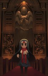 Rule 34 | 1girl, angel statue, black eyes, blue dress, blush stickers, chair, church, closed mouth, commentary request, dress, harau, headdress, indoors, long sleeves, looking at viewer, nun, original, red scarf, scarf, solo, standing, statue, traditional nun