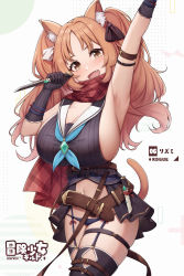 Rule 34 | 1girl, animal ears, arm up, armband, armpits, belt, belt skirt, blush, breasts, cat ears, cat tail, character name, cleavage, cowboy shot, curvy, fang, forehead, garter straps, gloves, highres, huge breasts, kannko bokujou, knife, large breasts, long hair, looking at viewer, multiple belts, neckerchief, open mouth, oppai loli, orange eyes, orange hair, original, panties, sailor collar, scarf, sheath, sideboob, smile, solo, tail, thigh strap, thighhighs, thighs, twintails, underwear