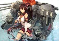 Rule 34 | 10s, 1girl, absurdres, black thighhighs, breasts, brown eyes, brown hair, cannon, cherry blossoms, detached sleeves, flower, hair flower, hair intakes, hair ornament, highres, kantai collection, large breasts, light smile, long hair, looking at viewer, matching hair/eyes, miniskirt, newtype, official art, oil-paper umbrella, partially submerged, petals, pleated skirt, ponytail, sailor collar, scan, seiza, shizuma yoshinori, single thighhigh, sitting, skirt, solo, thigh strap, thighhighs, turret, umbrella, very long hair, water, yamato (kancolle), yamato kai (kancolle)