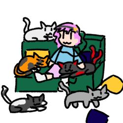 1girl :3 black_cat blouse blue_shirt cat commentary couch english_commentary grey_cat hairband highres kaenbyou_rin komeiji_satori long_sleeves orange_cat pillow pink_hair pink_skirt relaxing self-upload shirt short_hair simple_background sitting skirt sleeping socks sparrowofnight touhou white_background white_cat white_socks |_|