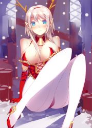Rule 34 | 1girl, antlers, back-seamed legwear, blue eyes, blush, breasts, cleavage, cross-laced clothes, detached collar, elbow gloves, gloves, high heels, horns, large breasts, legs, long hair, long legs, looking at viewer, miyazakisoul, original, pantyhose, pointy ears, red gloves, seamed legwear, silver hair, smile, solo, thighs, white pantyhose