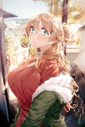 Rule 34 | 1girl, blew andwhite, blonde hair, blush, breasts, buttons, coat, commentary request, fur-trimmed jacket, fur trim, green eyes, hair between eyes, hair ornament, hairclip, highres, jacket, large breasts, long hair, long sleeves, looking at viewer, original, outdoors, photo background, solo, sweater