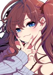 Rule 34 | 1girl, :3, ahoge, bare shoulders, black ribbon, blue eyes, breasts, brown hair, cleavage, closed mouth, collarbone, earrings, eyelashes, finger to face, grey sweater, hair over shoulder, hair ribbon, hanauna, highres, ichinose shiki, idolmaster, idolmaster cinderella girls, jewelry, long hair, long sleeves, looking at viewer, multiple earrings, nail polish, off-shoulder sweater, off shoulder, pink nails, portrait, ribbed sweater, ribbon, sidelocks, sleeves past wrists, smile, solo, sweater, v, wavy hair, white background