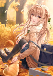 Rule 34 | 1girl, :d, absurdres, autumn leaves, bag, black footwear, black thighhighs, blue skirt, blush, bow, bowtie, braid, breasts, brown cat, brown eyes, brown hair, brown sweater, cat, commentary request, falling leaves, from side, funii, green bow, green bowtie, green ribbon, hair between eyes, hair ribbon, hand on own knee, highres, knees up, leaf, legs together, long hair, looking at viewer, looking back, medium breasts, on floor, open mouth, original, outdoors, pet food, pleated skirt, ribbon, school bag, school uniform, shoes, sidelocks, sitting, skirt, smile, solo, sweater, thighhighs
