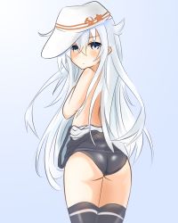 Rule 34 | 10s, 1girl, ass, bare shoulders, black thighhighs, blue eyes, blush, clothes pull, covering privates, covering chest, eve (kenzen), hammer and sickle, hibiki (kancolle), highres, kantai collection, long hair, looking at viewer, one-piece swimsuit pull, silver hair, solo, star (symbol), swimsuit, thighhighs, verniy (kancolle), very long hair