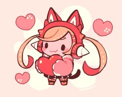 Rule 34 | 1girl, :3, blonde hair, blush stickers, cat paw, chibi, full body, hair ornament, hairclip, heart, holding, holding heart, kotorai, looking ahead, lucky chloe, no nose, pink background, red footwear, solid oval eyes, solo, standing, tekken, twintails