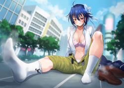Rule 34 | 1boy, 1girl, absurdres, belt, black belt, blue hair, bra, breasts, brown footwear, building, city, cleavage, closed mouth, collarbone, collared shirt, commission, dress shirt, giant, giantess, hair between eyes, highres, large breasts, navel, nisekoi, open clothes, open shirt, pants, pink bra, red eyes, sahara1127, shirt, shoes, unworn shoes, short hair, sitting, size difference, skeb commission, socks, stomach, tsugumi seishirou, underwear, unzipped, white shirt, white socks