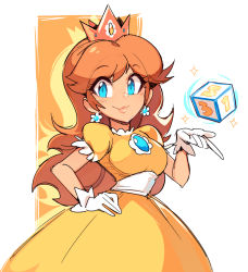 Rule 34 | 1girl, blue eyes, breasts, champanus, closed mouth, commentary, crown, daisy, dress, english commentary, flower, gem, gloves, hair ornament, hand on own hip, long hair, looking at viewer, mario (series), mario party, mario party 3, nintendo, orange dress, orange hair, princess daisy, puffy short sleeves, puffy sleeves, short sleeves, smile, solo, upper body, white gloves