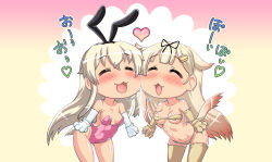 2girls ^_^ animal_ears animal_hands ass bare_shoulders bikini blonde_hair brown_gloves cheek-to-cheek closed_eyes commentary_request dog_tail elbow_gloves fang gloves gradient_hair hair_ornament hair_ribbon hairclip hase_yu heads_together heart highres kantai_collection leotard long_hair micro_bikini multicolored_hair multiple_girls navel open_mouth paw_gloves pink_hair pink_leotard playboy_bunny rabbit_ears rabbit_tail ribbon shimakaze_(kancolle) sidelocks smile strapless strapless_leotard swimsuit tail thighhighs translated white_gloves yuudachi_(kancolle) yuudachi_kai_ni_(kancolle)