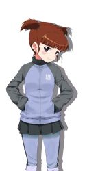 Rule 34 | 10s, 1girl, blue skirt, blunt bangs, closed mouth, cowboy shot, girls und panzer, hair tie, hands in pockets, head tilt, jacket, kayabakoro, light smile, long sleeves, looking at viewer, mikko (girls und panzer), military, military uniform, miniskirt, pants, pants rolled up, pants under skirt, pleated skirt, red eyes, red hair, shadow, short hair, short twintails, simple background, skirt, solo, standing, track jacket, track pants, twintails, uniform, white background