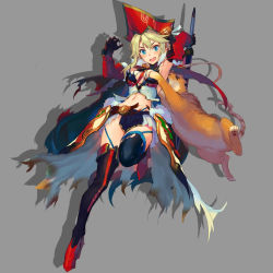 Rule 34 | 1girl, armor, blonde hair, blue eyes, blush, cape, cat, faulds, full body, hat, highres, midriff, navel, peroshi (graphic loops), solo, stomach, sword, torn clothes, weapon