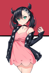 Rule 34 | 1girl, absurdres, asymmetrical bangs, asymmetrical hair, bad id, bad pixiv id, bare shoulders, black hair, black jacket, black nails, breasts, catnnn, choker, collarbone, commentary request, creatures (company), dress, earrings, frown, game freak, green eyes, hair ribbon, highres, holding, holding poke ball, jacket, jewelry, long sleeves, looking at viewer, marnie (pokemon), nail polish, nintendo, open clothes, pink dress, poke ball, poke ball (basic), pokemon, pokemon swsh, red background, red ribbon, revision, ribbon, simple background, small breasts, solo, twintails, two-tone background, white background