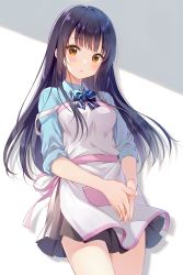Rule 34 | 1girl, apron, black hair, blue neckwear, blue shirt, blush, brown eyes, collared shirt, cowboy shot, floating hair, grey background, grey skirt, highres, long hair, looking at viewer, miniskirt, parted lips, pleated skirt, shirt, skirt, sleeves rolled up, solo, standing, two-tone background, very long hair, white apron, white background, wing collar, yatomi
