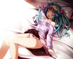 Rule 34 | 1girl, aqua hair, aqua nails, arm at side, arm up, bad id, bad pixiv id, bare legs, bare shoulders, bed sheet, blush, bra, breasts, buttons, cleavage, day, facial mark, feet out of frame, hair ornament, hand on forehead, hatsune miku, highres, jacket, knees up, long hair, long sleeves, looking at viewer, lying, medium breasts, messy hair, miniskirt, nail polish, nose blush, off shoulder, on back, on bed, open mouth, panties, pantyshot, pillow, pink eyes, pink jacket, pink panties, pink skirt, project diva (series), skirt, slow motion (vocaloid), solo, sunlight, thighs, tsukishiro saika, twintails, underwear, upskirt, vocaloid, white bra