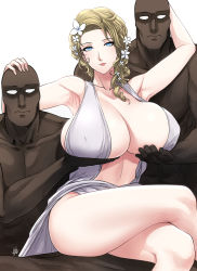 Rule 34 | 1girl, 2boys, ancient greek clothes, aphrodite (shuumatsu no valkyrie), armpits, blonde hair, blue eyes, breasts, crossed legs, dark-skinned male, dark skin, facing viewer, flower, grabbing, grabbing another&#039;s breast, greco-roman clothes, greek mythology, hair flower, hair ornament, hands on another&#039;s head, head grab, highres, huge breasts, interracial, looking at viewer, meme, multiple boys, no bra, servants holding aphrodite&#039;s breasts (meme), shuumatsu no valkyrie, simple background, sitting, thighs, wavy hair, white background, xter