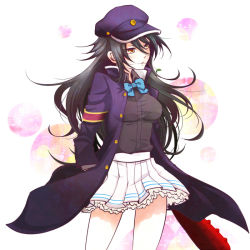 Rule 34 | 1girl, armband, black hair, black shirt, blue bow, bow, breasts, club (weapon), coat, collared shirt, dress shirt, frilled skirt, frills, hair between eyes, hands in opposite sleeves, hat, holding, layered skirt, long hair, love live!, love live! school idol festival, love live! school idol project, medium breasts, mijinko kineko, mouth hold, open clothes, open coat, peaked cap, pleated skirt, purple coat, shiga hitomi, shirt, skirt, spiked club, very long hair, weapon, white skirt, yellow eyes