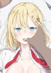 Rule 34 | 1girl, blonde hair, blue eyes, blush, breasts, collarbone, collared shirt, commentary request, finger in another&#039;s mouth, gozen no ko hi, hair ornament, highres, hololive, hololive english, looking at viewer, lying, necktie, on back, open clothes, open shirt, pov, red neckwear, shirt, short hair, solo focus, syringe, upper body, virtual youtuber, watson amelia, watson amelia (1st costume), white shirt, wing collar