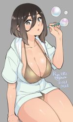 Rule 34 | 1girl, agawa ryou, arm support, artist name, bikini, blue hoodie, breasts, brown hair, bubble, blowing bubbles, cleavage, collarbone, commentary, cowboy shot, dated, english commentary, grey background, grey eyes, hair between eyes, halterneck, hand up, hood, hood down, hoodie, large breasts, looking at viewer, medium hair, numbered, open mouth, original, short eyebrows, short sleeves, sidelocks, simple background, sitting, solo, swimsuit, yellow bikini