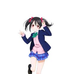 Rule 34 | 10s, 1girl, black hair, blazer, bow, grin, hair bow, jacket, looking at viewer, love live!, love live! school idol project, non-web source, official art, otonokizaka school uniform, red eyes, school uniform, smile, solo, standing, transparent background, twintails, white background, yazawa nico