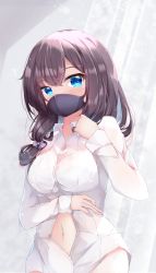 Rule 34 | 1girl, blue eyes, blush, breasts, brown hair, collared shirt, commentary request, dress shirt, fuuna, hair between eyes, hand up, highres, long hair, long sleeves, looking at viewer, mask, medium breasts, mouth mask, navel, original, shirt, solo, white shirt