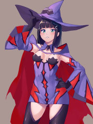 Rule 34 | 1girl, bare shoulders, black gloves, black hair, blazblue, blazblue: central fiction, blush, breasts, brown background, brown hair, cape, cosplay, detached collar, detached sleeves, dress, female focus, ginopi, gloves, gluteal fold, green eyes, hair ornament, hairclip, hand on own hip, hat, highres, konoe a. mercury, konoe a mercury (cosplay), kurosawa dia, long hair, love live!, love live! sunshine!!, mole, mole under mouth, parted lips, purple cape, purple dress, purple hat, red cape, short dress, small breasts, smile, standing, strapless, strapless dress, thighhighs, witch hat