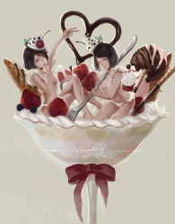 Rule 34 | 2girls, arm up, black hair, blueberry, bobo1983, breasts, cherry, chocolate, cream, crossed legs, cup, dated, food, fork, frilled panties, frills, fruit, grey background, grey eyes, hat, heart, highres, holding, holding fork, ice cream, looking at viewer, miniskirt, multiple girls, navel, one eye closed, panties, pocky, ribbon, short hair, signature, simple background, sitting, skirt, small breasts, smile, strawberry, sundae, underwear, waffle, white panties, wink