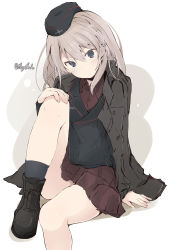 Rule 34 | 1girl, ankle boots, black coat, black footwear, black hat, black jacket, black socks, blue eyes, boots, closed mouth, coat, commentary, cross-laced footwear, dress shirt, frown, garrison cap, getsumen suibaku ver. a(c), girls und panzer, hand on own knee, hat, head tilt, highres, insignia, itsumi erika, jacket, jacket on shoulders, kuromorimine military uniform, leg up, long sleeves, looking at viewer, medium hair, military, military hat, military uniform, miniskirt, one-hour drawing challenge, pleated skirt, red shirt, red skirt, shirt, silver hair, sitting, skirt, socks, solo, twintails, uniform, white background, wing collar