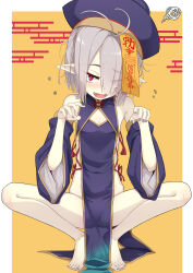 Rule 34 | 1girl, bare shoulders, barefoot, blue dress, blue headwear, blue sleeves, blush, breasts, detached sleeves, dress, egasumi, eyes visible through hair, fang, flying sweatdrops, full body, grey hair, grey nails, hair over one eye, hands up, highres, jiangshi, long sleeves, looking at viewer, nail polish, no panties, ofuda, ogami kazuki, open mouth, original, pelvic curtain, pointy ears, red eyes, see-through, sleeveless, sleeveless dress, small breasts, solo, spread legs, squatting, squiggle, tiptoes, two-tone background, wide sleeves, yellow background