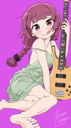Rule 34 | 1girl, absurdres, arm support, bare shoulders, barefoot, black nails, blunt ends, blush, bocchi the rock!, braid, braided ponytail, breasts, closed mouth, dress, earrings, electric guitar, eyelashes, feet, foot out of frame, green dress, guitar, highres, hiroi kikuri, holding, holding instrument, instrument, jewelry, legs, licking lips, long hair, looking at viewer, lying, nail polish, on side, purple background, purple eyes, purple hair, signature, simple background, sitting, small breasts, soles, solo, strap slip, stud earrings, thighs, toes, tongue, tongue out, yokozuwari, zetsuyo chimayo