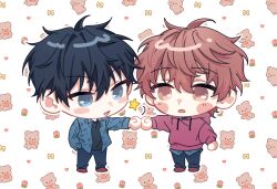 Rule 34 | 2boys, black hair, blue eyes, blush, chibi, fist bump, floral background, given, heart, heart background, highres, hood, hoodie, male focus, mi muuuu, motion lines, multiple boys, open clothes, open mouth, red eyes, red footwear, red hair, red hoodie, satou mafuyu, uenoyama ritsuka, white background