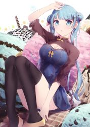 Rule 34 | 1girl, black thighhighs, blue eyes, blue hair, blush, breasts, double bun, flats, food, hair bun, hair ornament, hairclip, highres, ice cream, knees up, long hair, looking at viewer, medium breasts, original, parted lips, sidelocks, sleeves past elbows, solo, thighhighs, thighs, tr (hareru), twintails, wafer stick