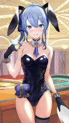 Rule 34 | 1girl, absurdres, animal ears, annoyed, ascot, bare shoulders, black choker, black gloves, black leotard, blue eyes, blue hair, blush, bow, bowtie, breasts, casino, choker, cleavage, clenched teeth, cup, detached collar, fake animal ears, glint, gloves, grimace, hair ornament, hairband, hand up, highres, holding, holding cup, holding plate, hololive, hoshimachi suisei, indoors, leotard, looking at viewer, medium hair, neckerchief, plaid, plaid bow, plate, playboy bunny, purple neckerchief, rabbit ears, ribbon, roulette table, scowl, single thighhigh, small breasts, solo, standing, strapless, strapless leotard, sweat, table, teeth, thigh gap, thighhighs, towrituka, virtual youtuber, wrist cuffs