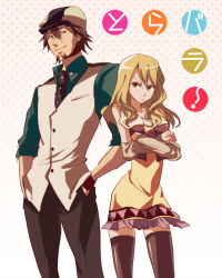 Rule 34 | 1boy, 1girl, bad id, bad pixiv id, bare shoulders, blonde hair, brown eyes, brown hair, brown thighhighs, cabbie hat, crossed arms, dress, facial hair, hands in pockets, hat, height difference, ishiwari, jewelry, kaburagi t. kotetsu, karina lyle, necklace, necktie, parody, pun, short hair, stubble, thighhighs, tiger &amp; bunny, toradora!, vest, waistcoat, watch, wristwatch